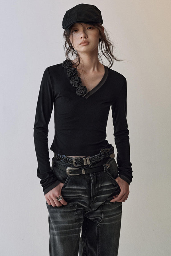 Elegant V Neck Flower T-Shirt