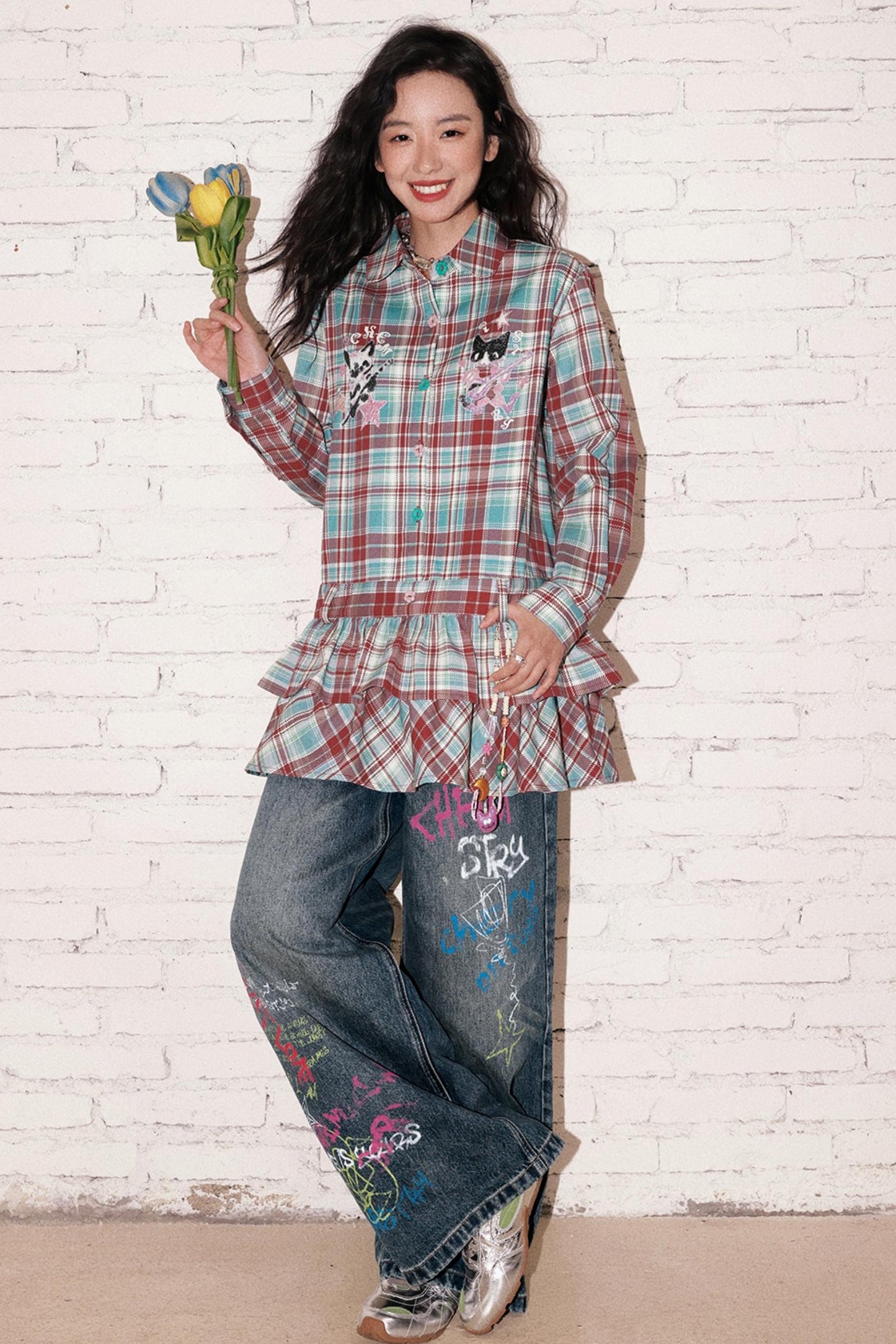 New Band Collar Plaid Dress