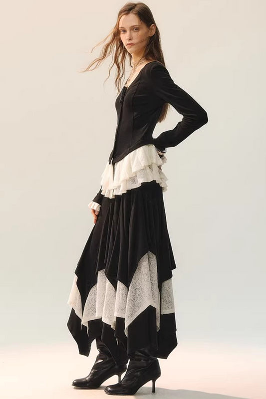 Wool Lace Patchwork Top Skirt Set-Up