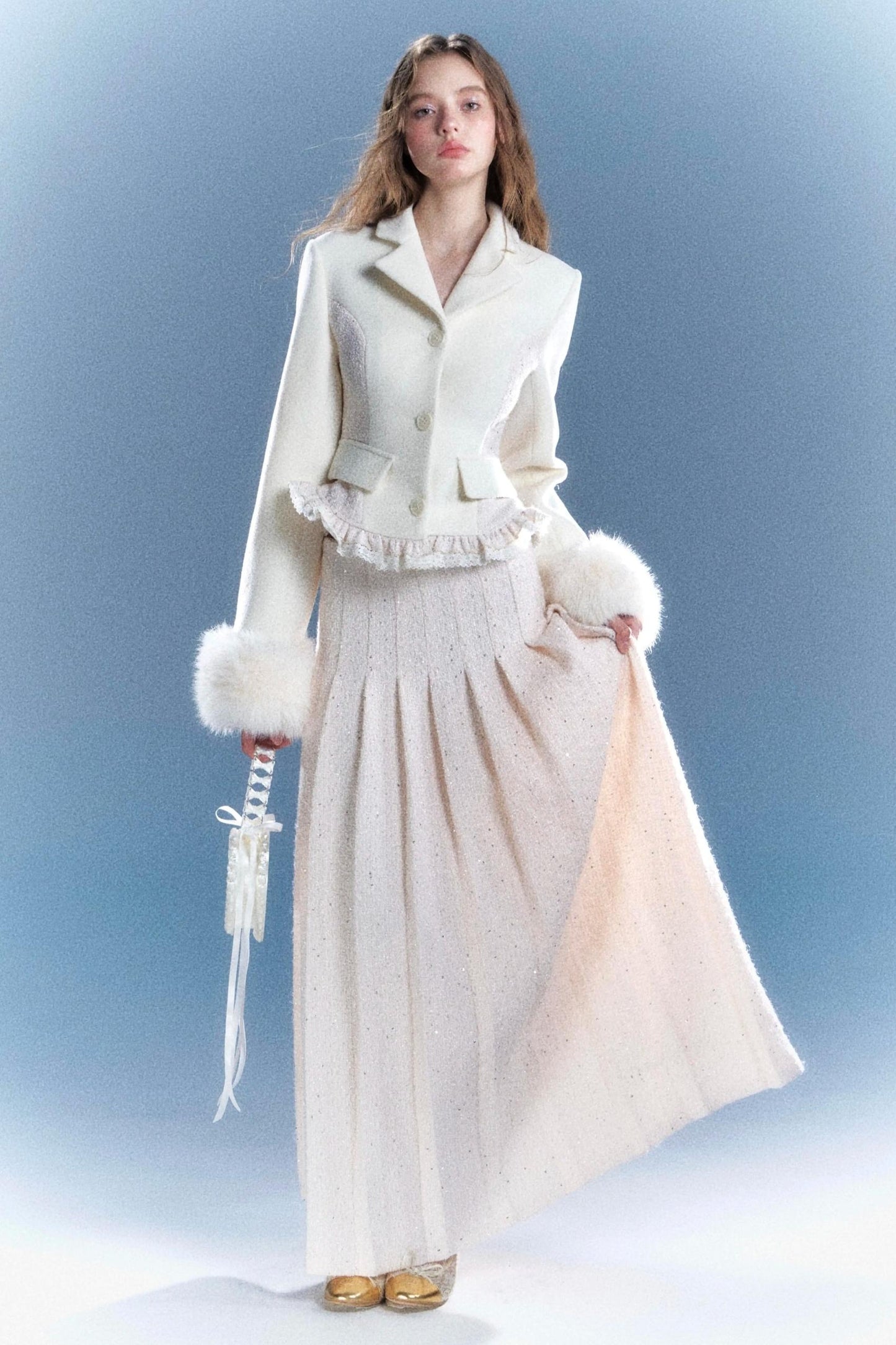 Retro Woolen Cape Coat And Skirt Set-Up