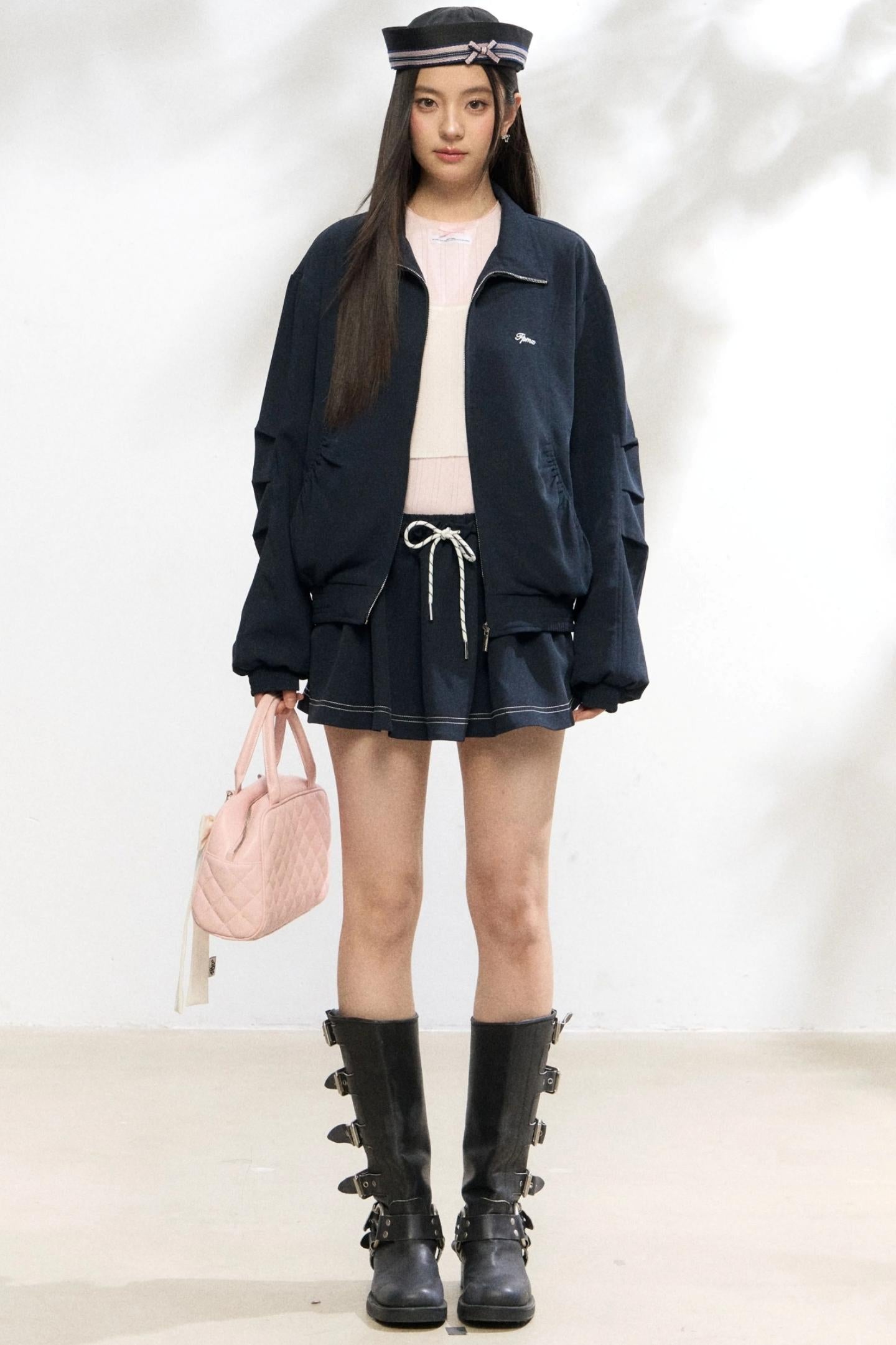 Shirred Zip Contrast Culottes Two-Piece Set-Up