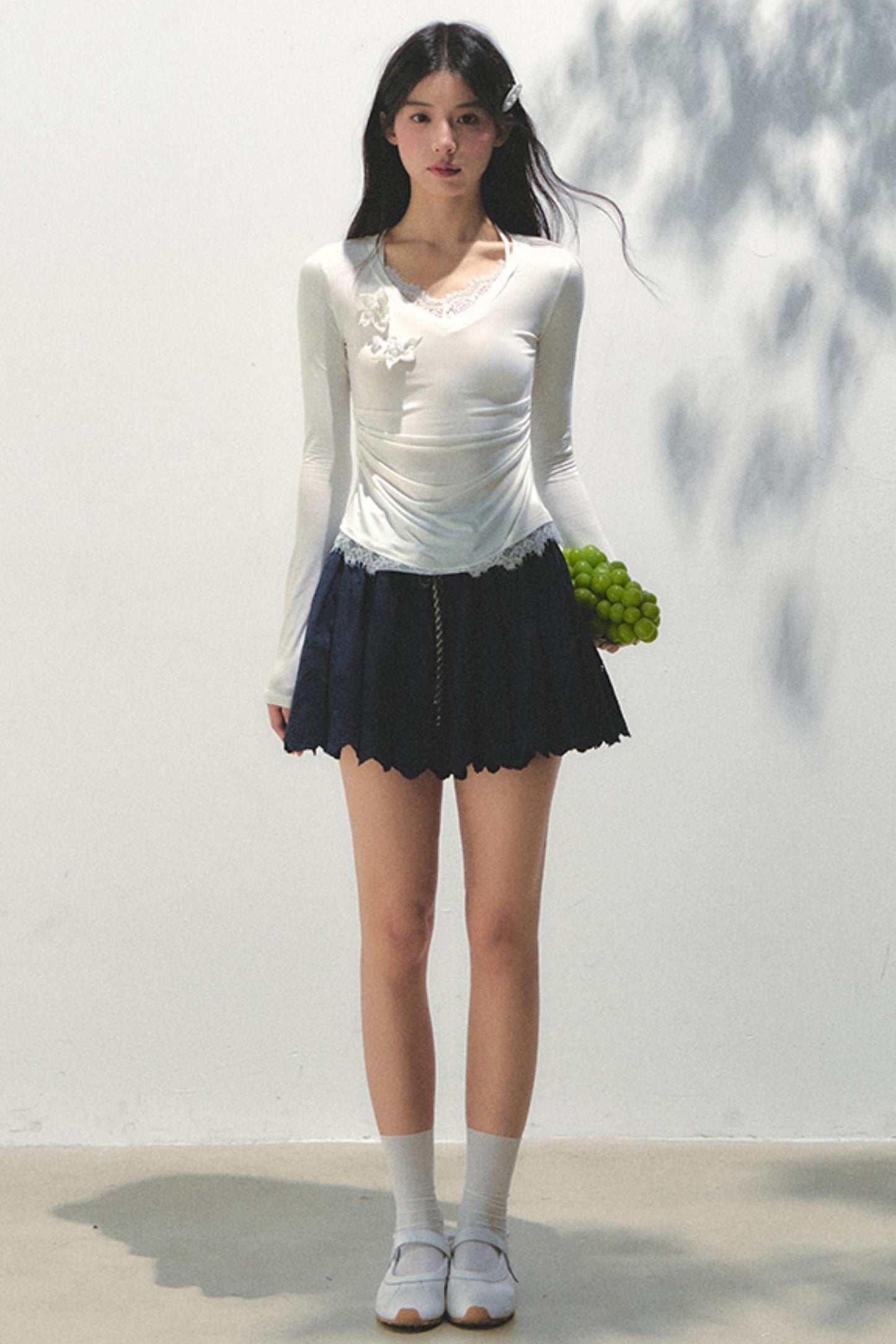 Navy Pleated Embroidered Skirt