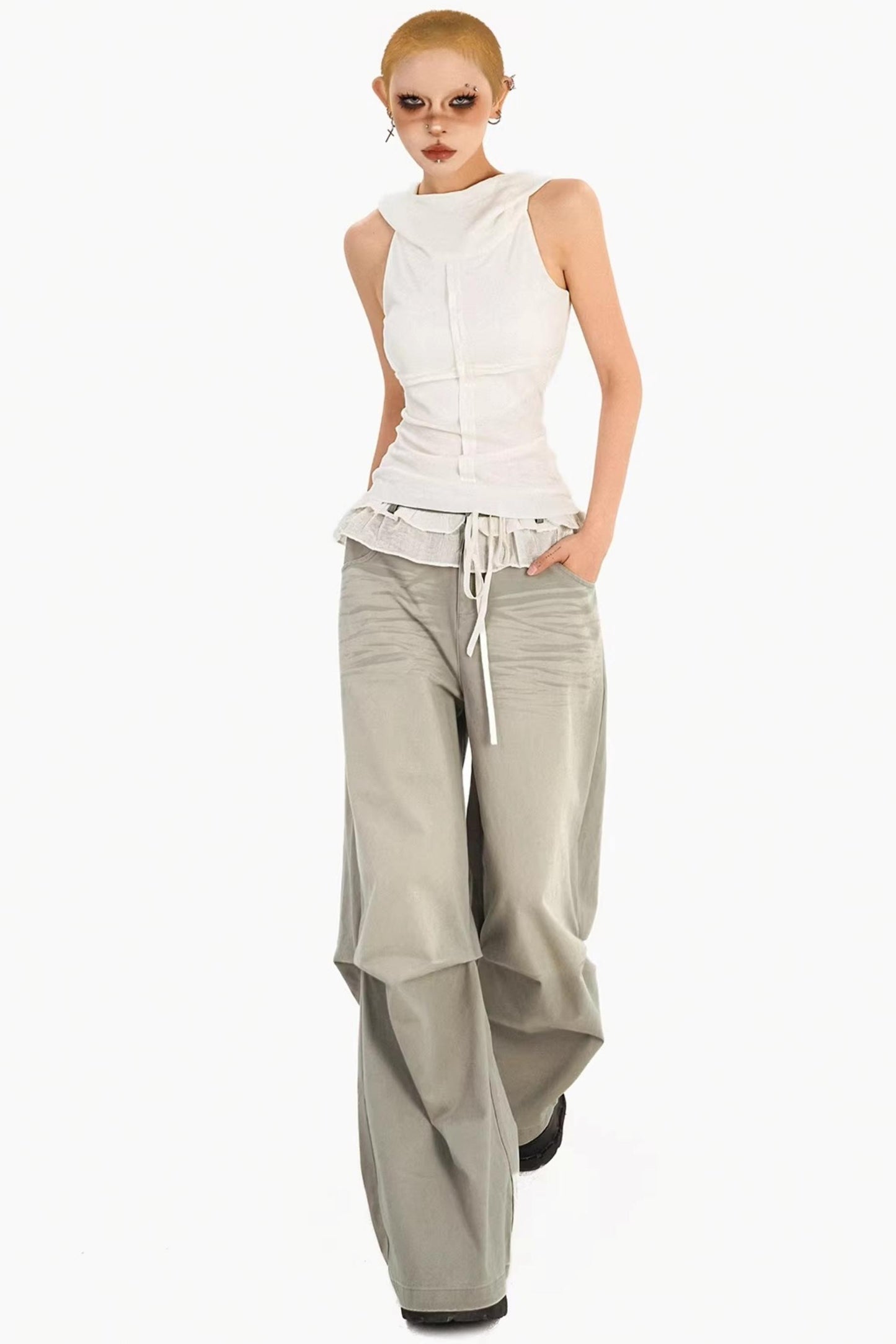 Lace Drawstring Wide-Leg Pants