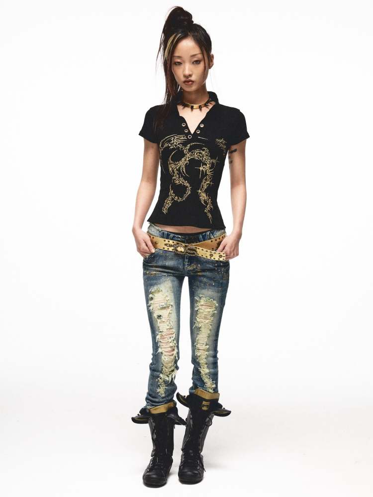 Back Open Gold Print Ribbon T-shirt