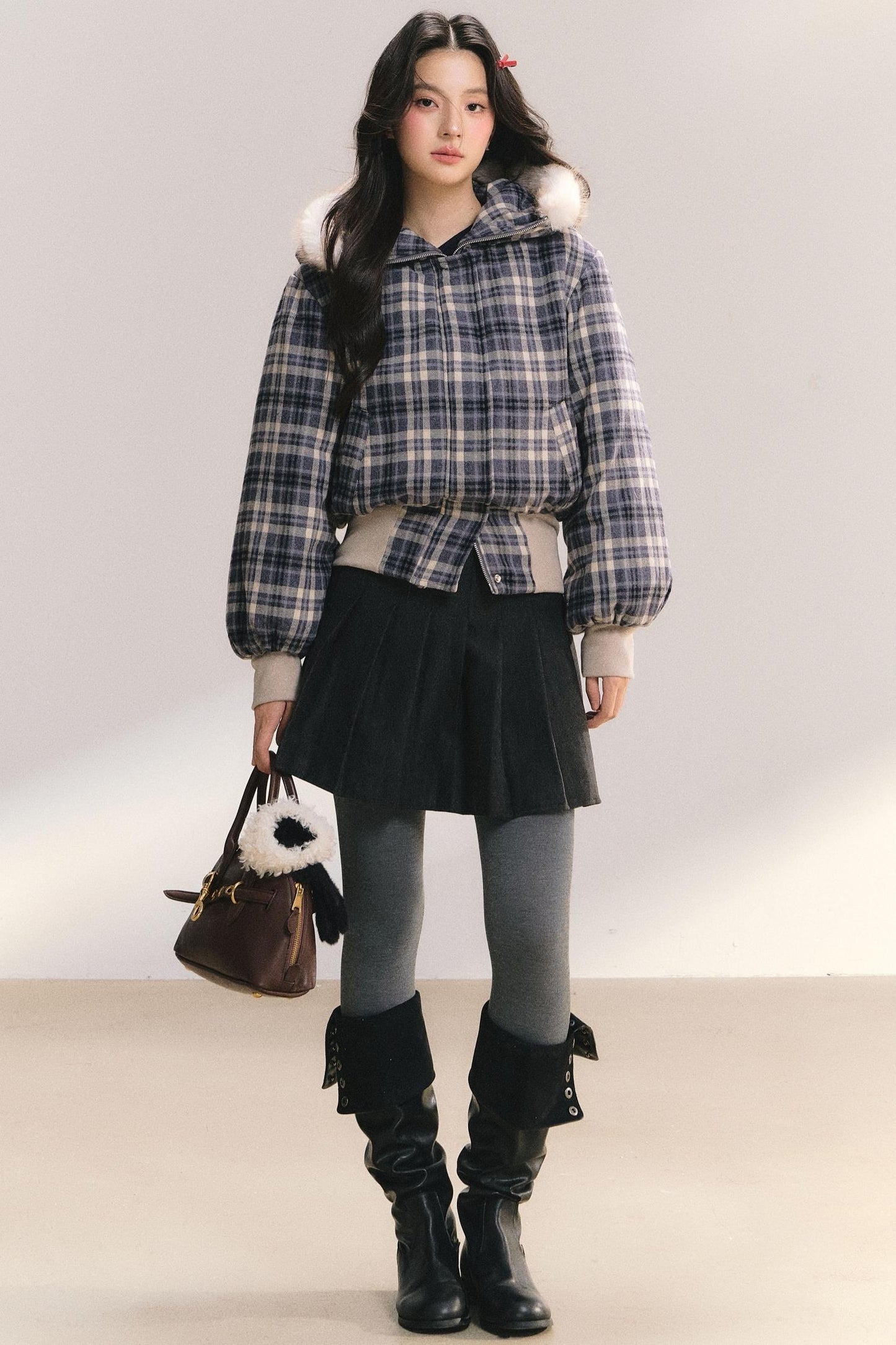 Plaid Fur Collar Winter Coat