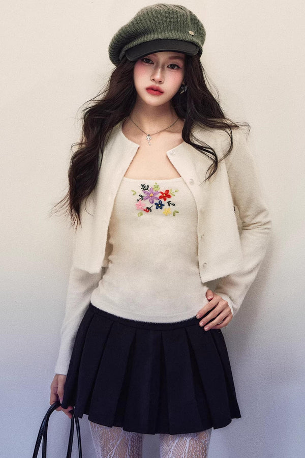 Embroidery Knit Cardigan Set-Up
