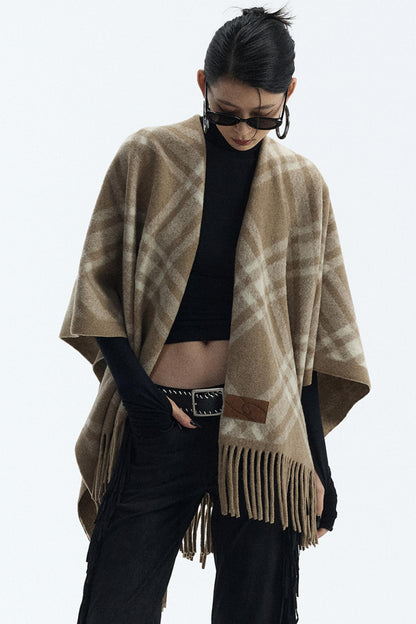 Wool Blend Plaid Cape Cardigan