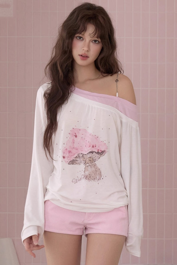 Mushroom Print Shoulder T-Shirt