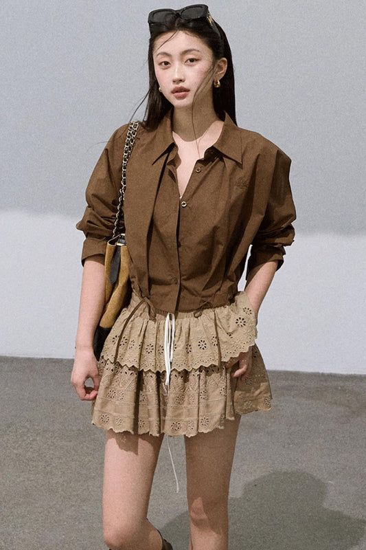 Lace-Up Pinch Pleated Cotton Shirt