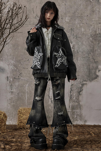 Star Leopard Print Vintage Leather Jacket