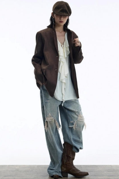 Draped V-Neck Ruffle Top