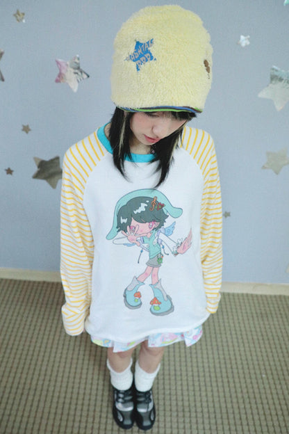 Cartoon Bird Stripe Raglan Sweatshirt