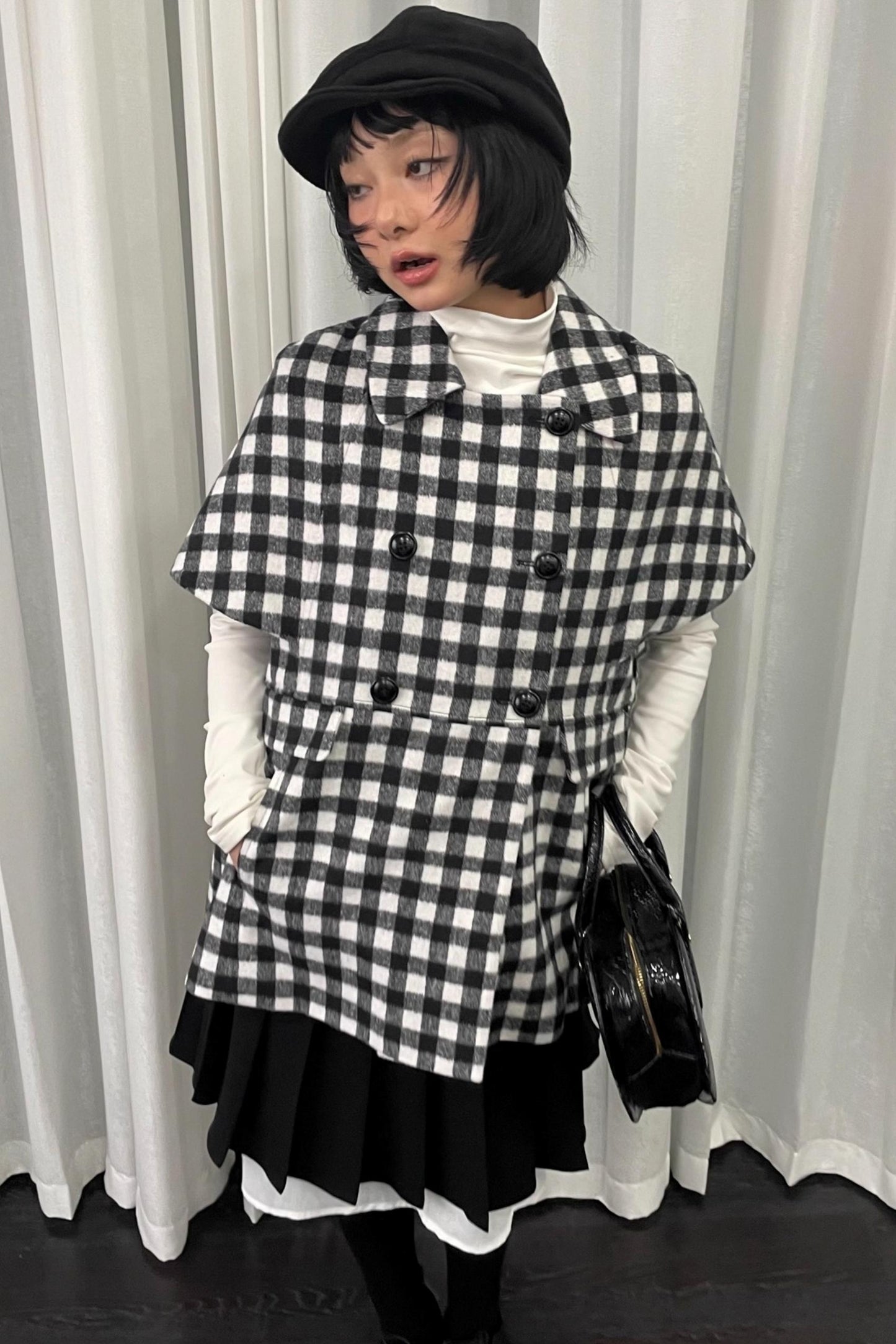 Black Plaid Lapel Woolen Coat