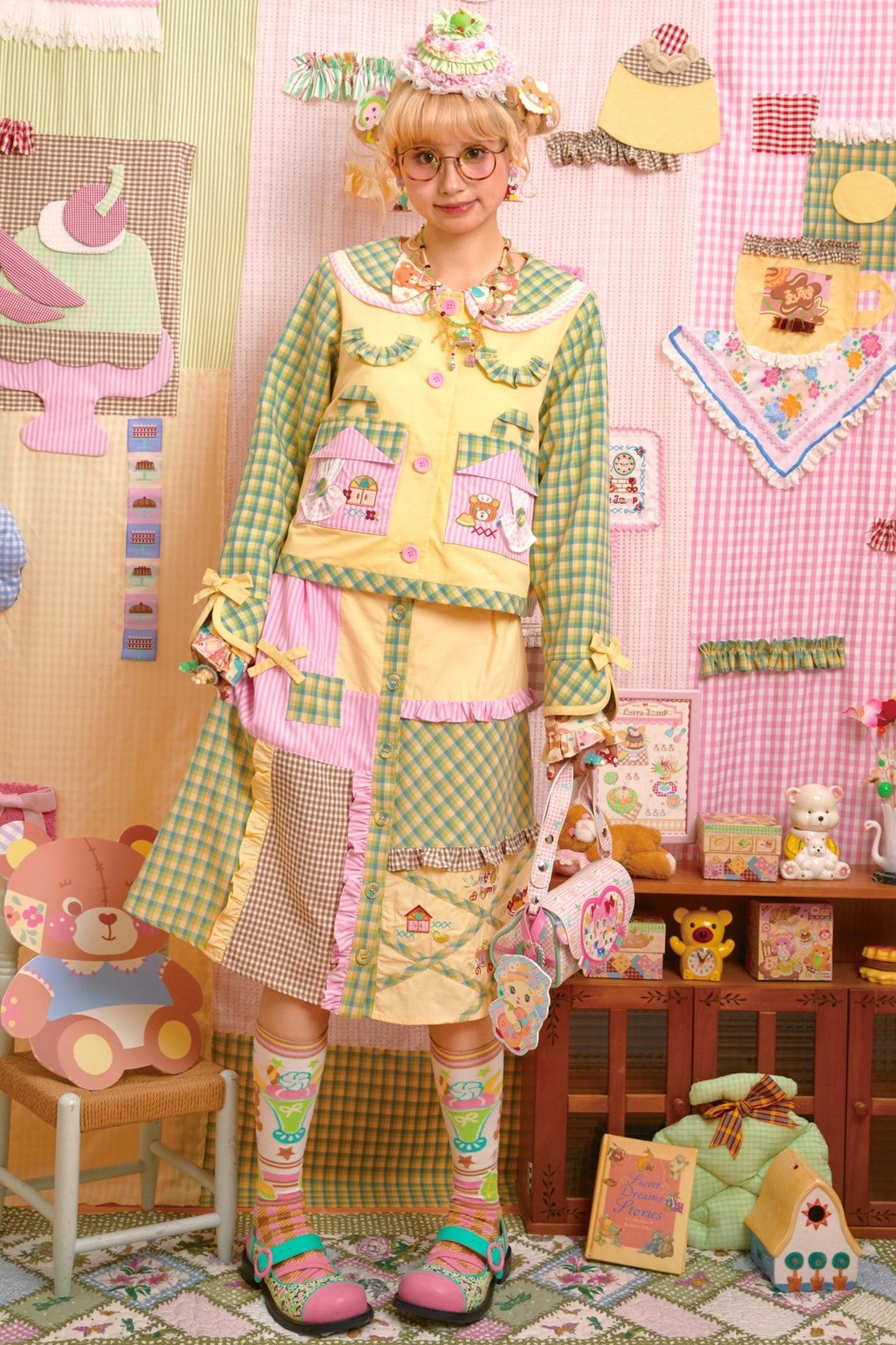Patchwork Plaid Embroidered Top & Skirt Set-Up