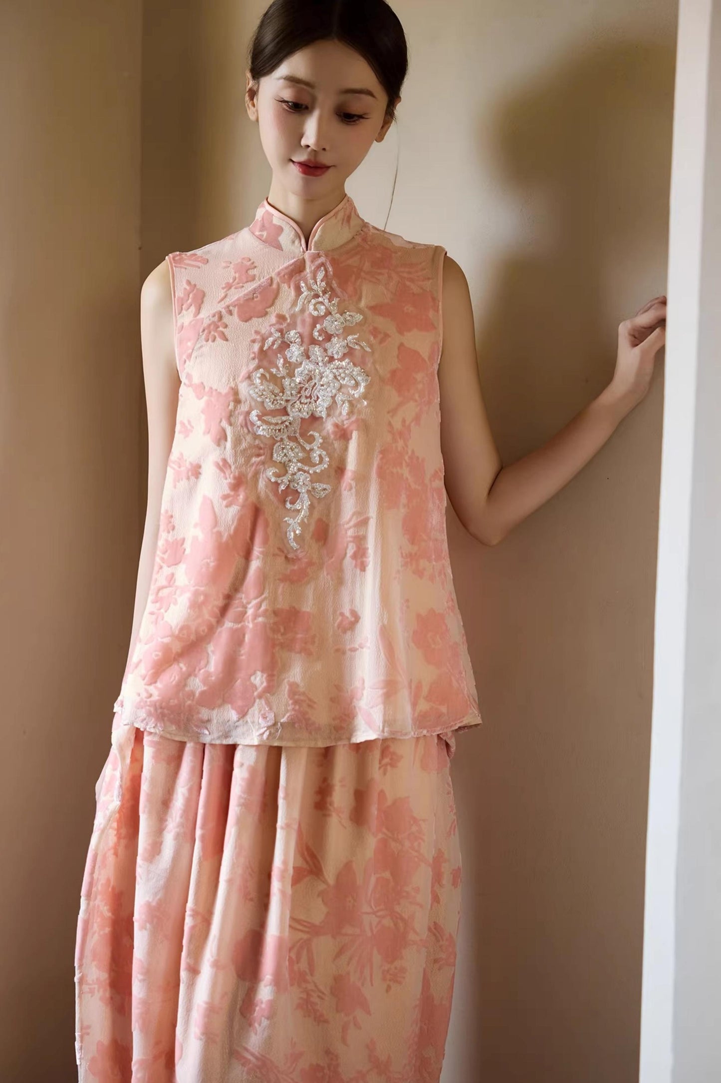 Embroidered Pink Cheongsam Skirt Set-Up