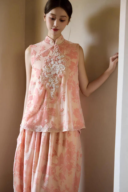 Embroidered Pink Cheongsam Skirt Set-Up