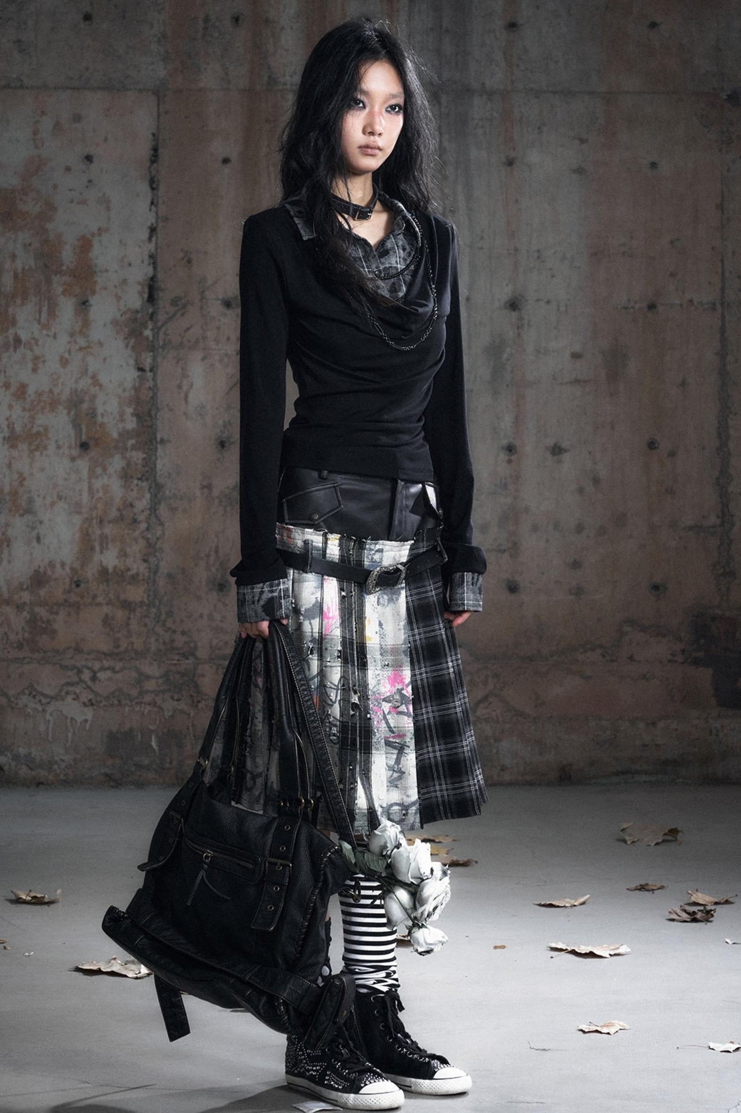 Leather Waist Plaid Pleated Skirt