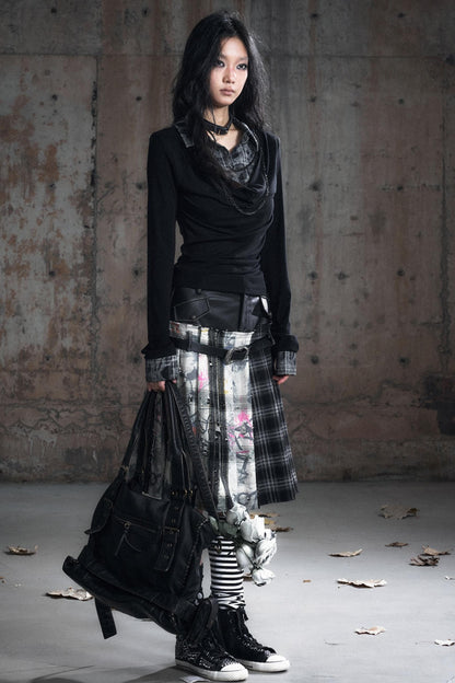 Leather Waist Plaid Pleated Skirt