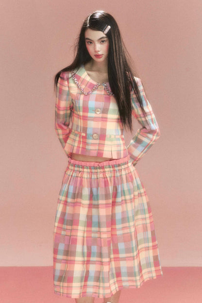 Sweet Vintage Check Jacket And Skirt Set-Up