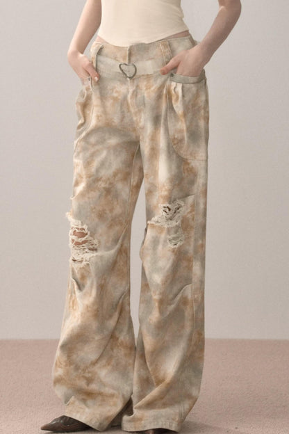 Gradient Wide-Leg Ripped Pants