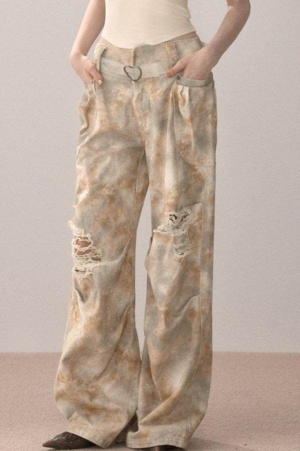 Gradient Wide-Leg Ripped Pants