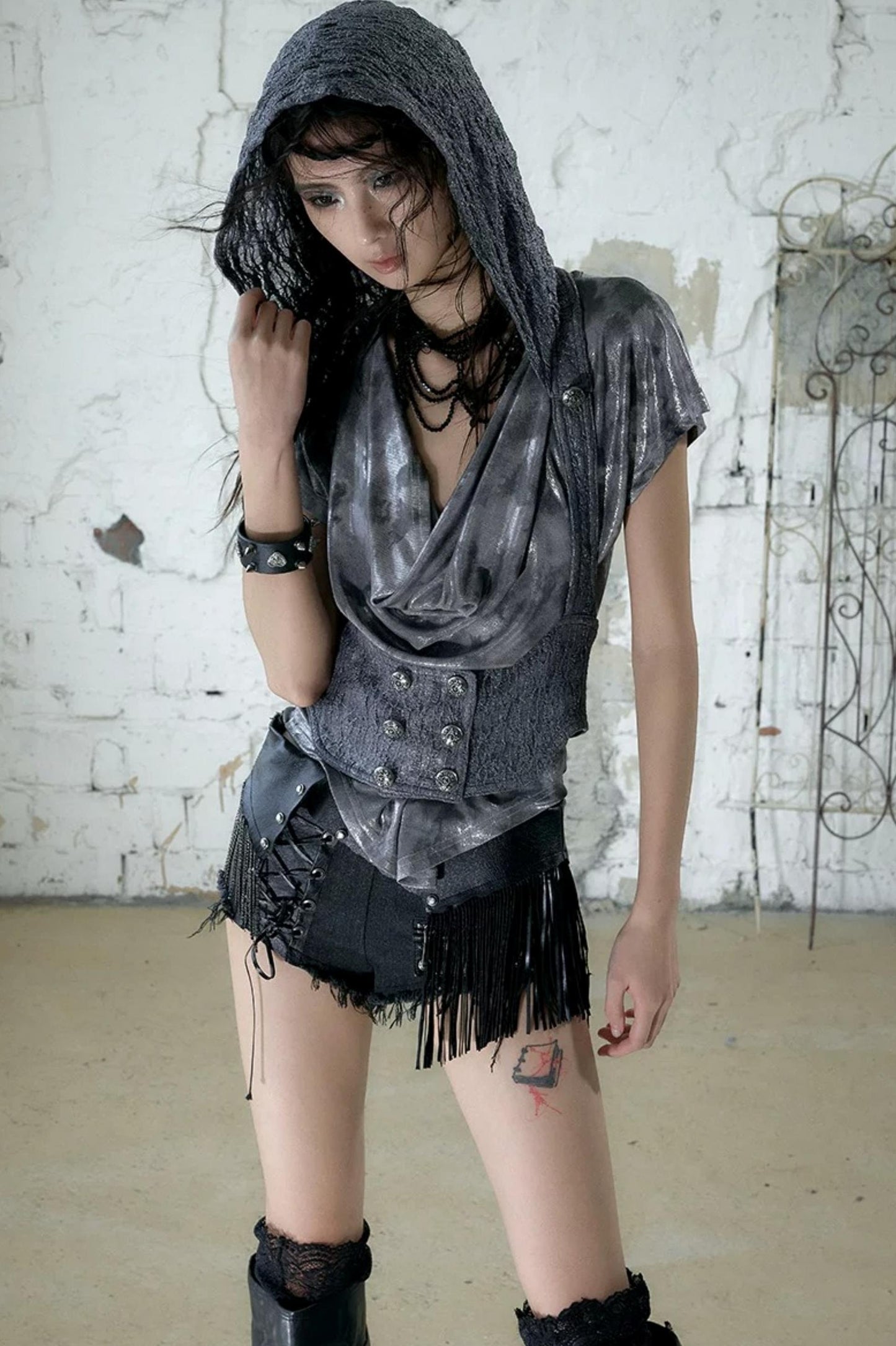 Punk Chain Leather Denim Shorts