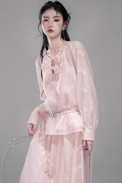 BellaModa 체리 핑크 네크라인 타이 셔츠 꽃 봉오리 스커트 셋업