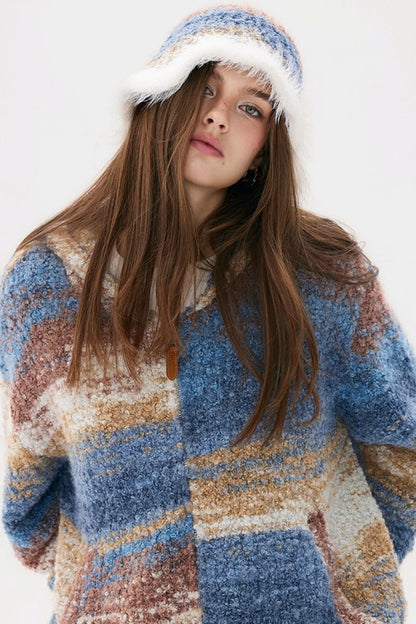 Blue Gradient Hooded Wool Cardigan