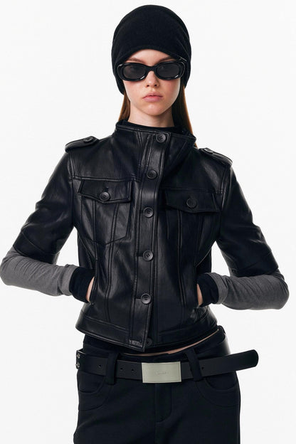 Leather Mid-Sleeve Slim Jacket
