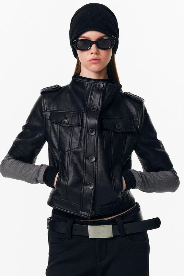 Leather Mid-Sleeve Slim Jacket