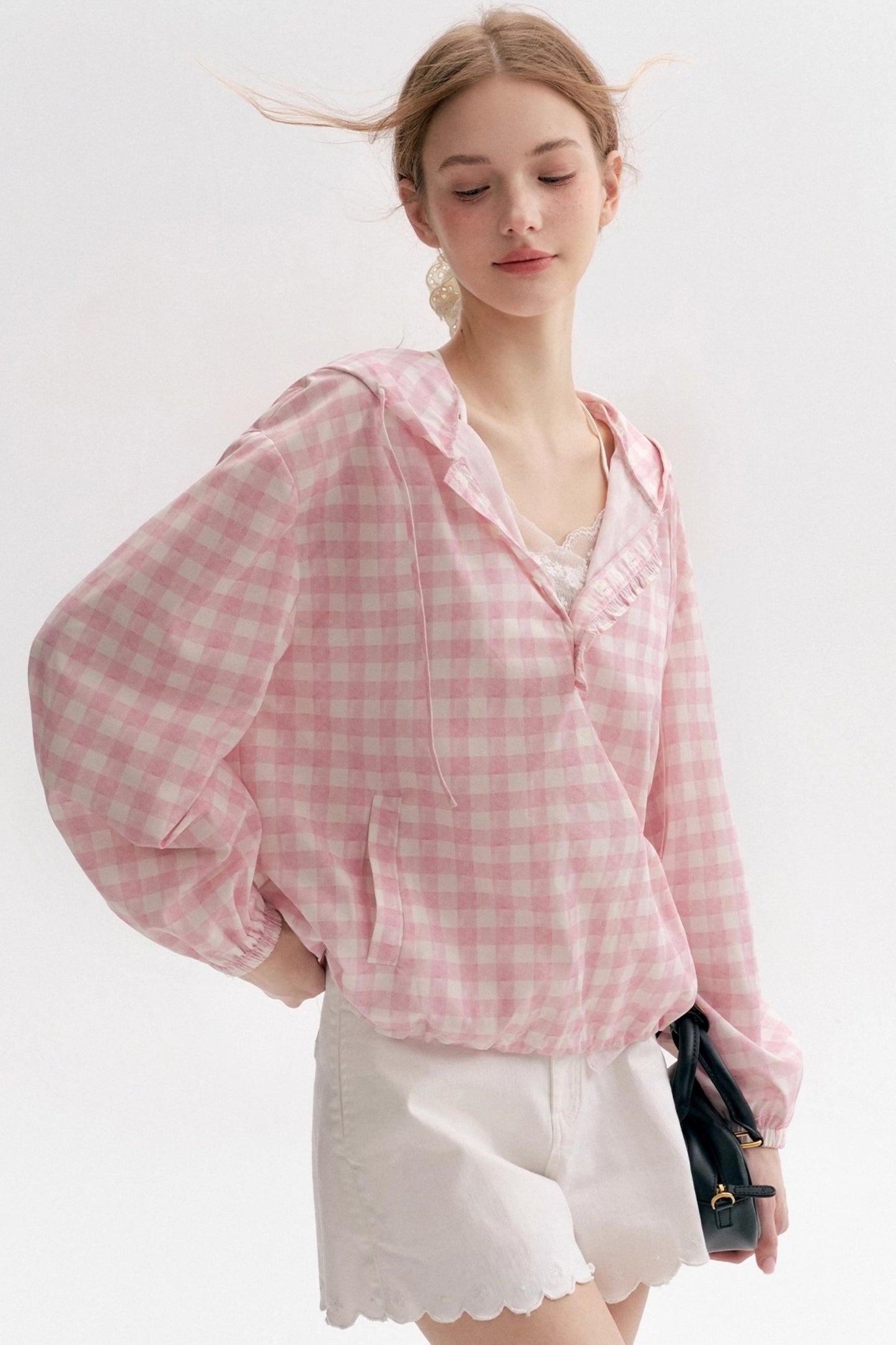 Cream Pink Plaid Lace Hooded Pullover Top