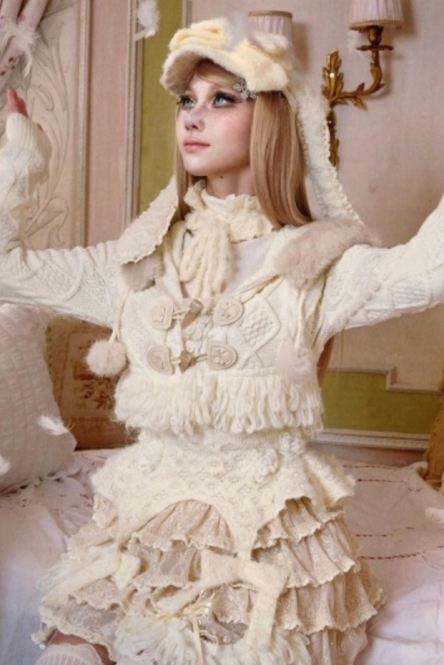 Slavic Knit Hooded Cardigan Hat Set-Up