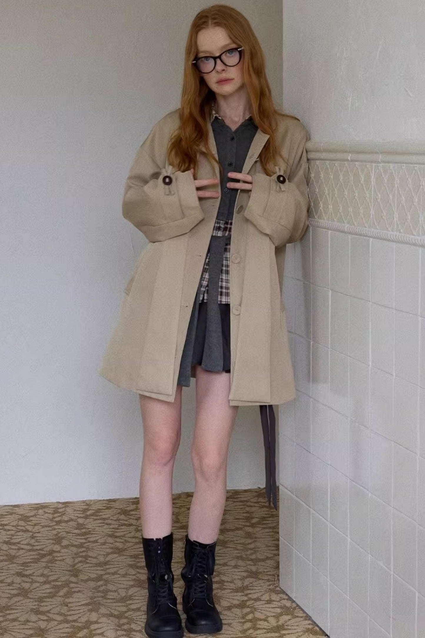 Vintage Bow Plaid Trench Coat