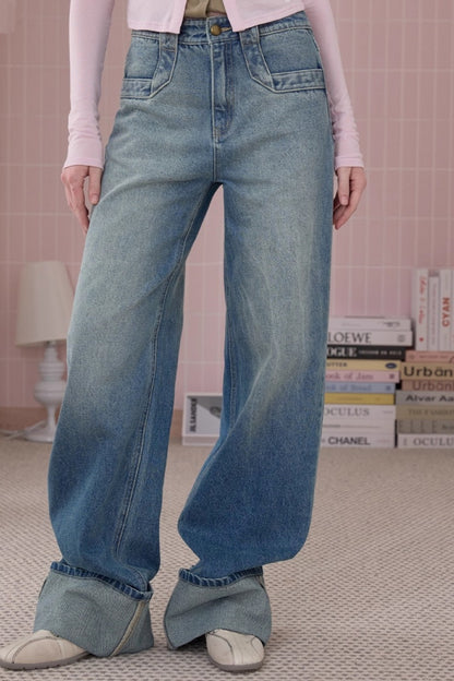 Retro Fashionable Sweet Cuffed Wide-leg Jeans