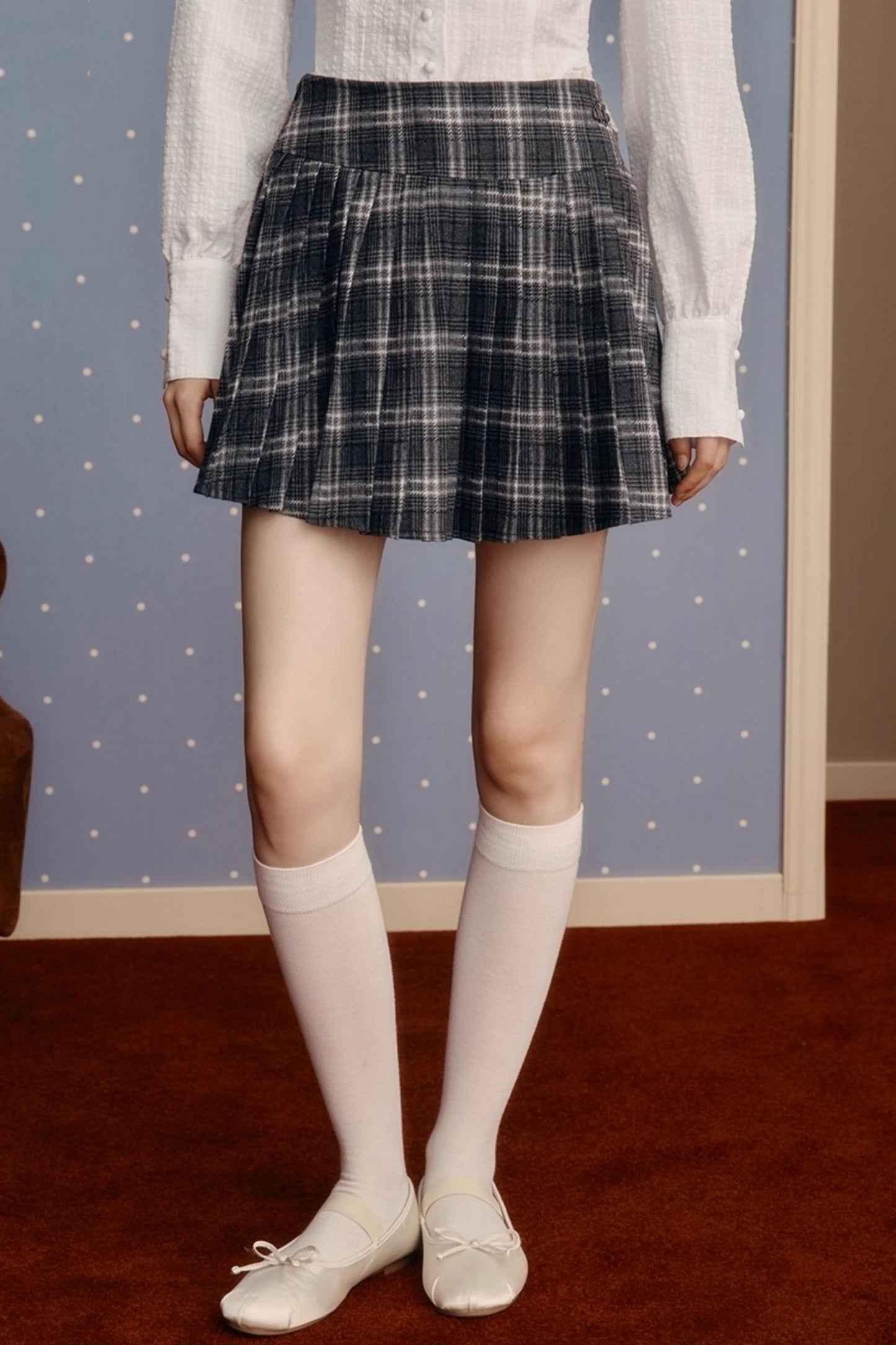 Pleated Classic Plaid Woolen Skirt