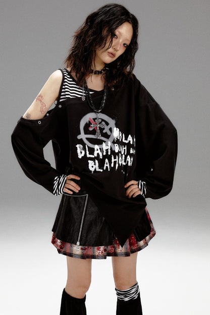 Punk Striped Dropped Shoulders T-Shirt