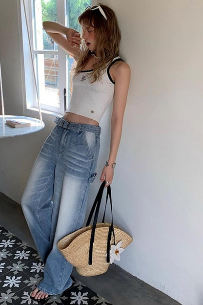 Vintage Blue Distressed Straight Jeans