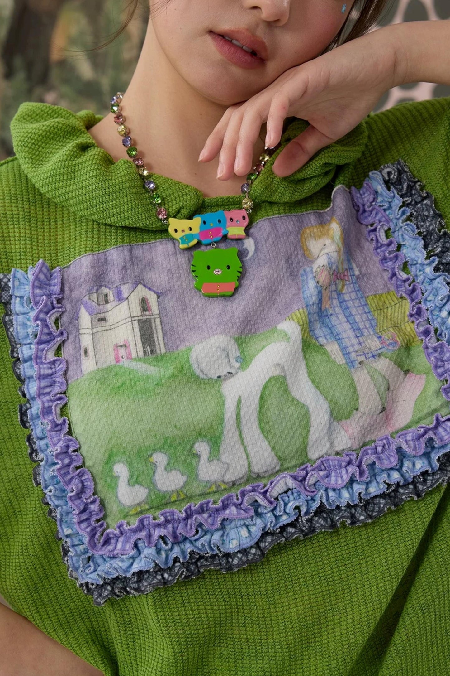 Green Lace Pleated Top