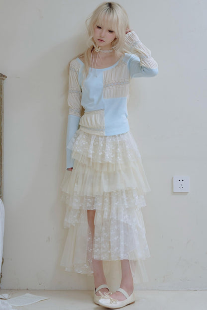 Beige Lace Blue Knit Crew Neck Long Sleeve Top