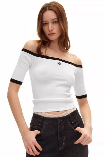 Off-Shoulder Contrast Knit Top