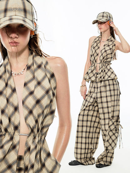 Multilayer Gradient Plaid Halter Backless Tops