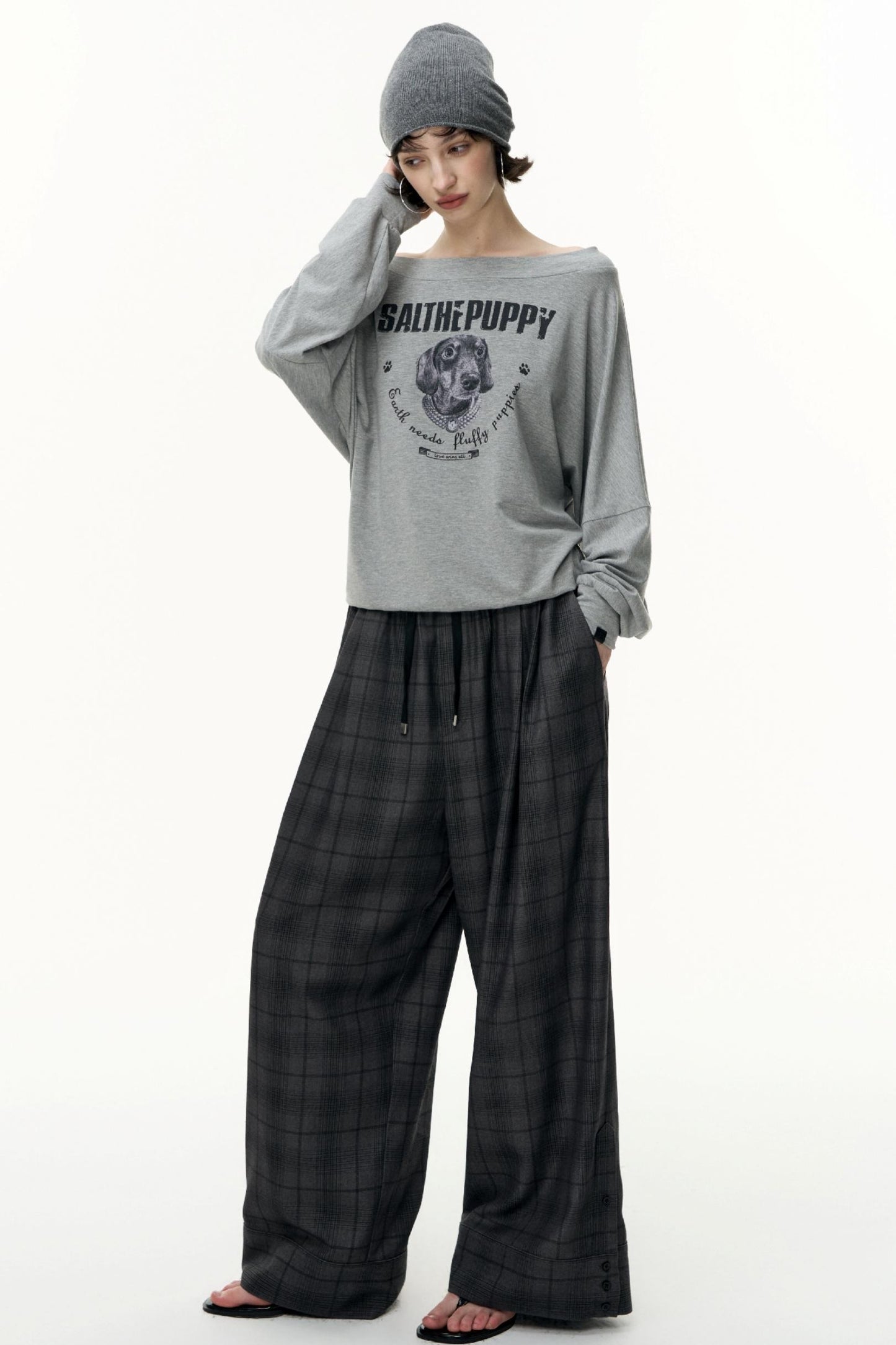 Puppy Print Slanted Shoulder T-Shirt