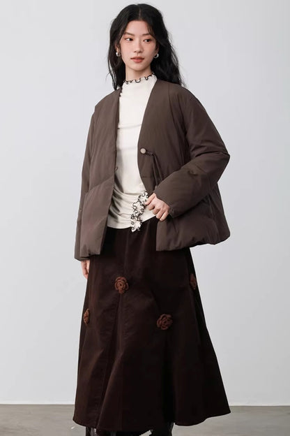 Three-Dimensional Floral Corduroy Skirt