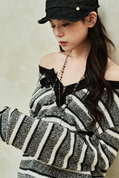 Striped V-Neck Knitted Top & Scarf Set