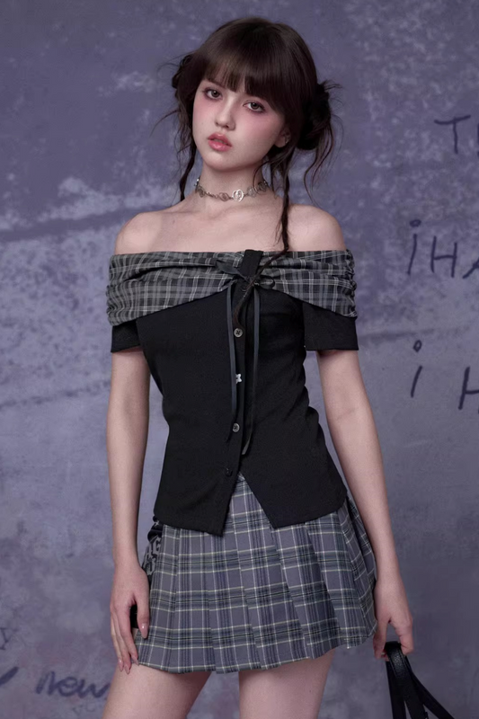 Plaid Bow-Knot One-Shoulder Top