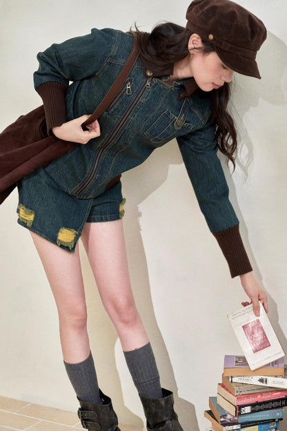 Vintage Denim Cropped Jacket Set-Up