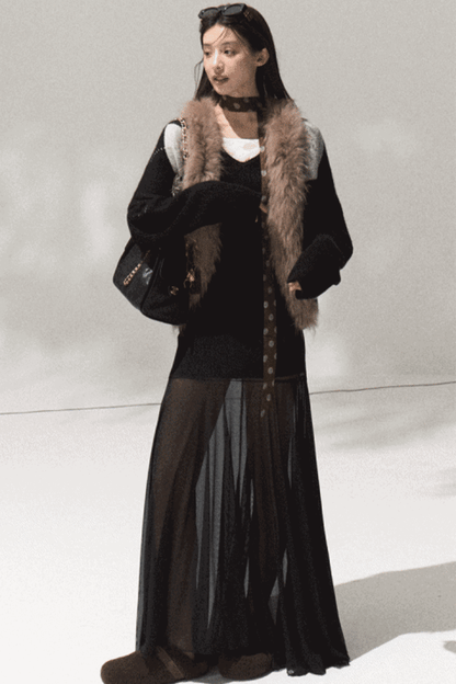 High-Waisted Knit Mesh Skirt