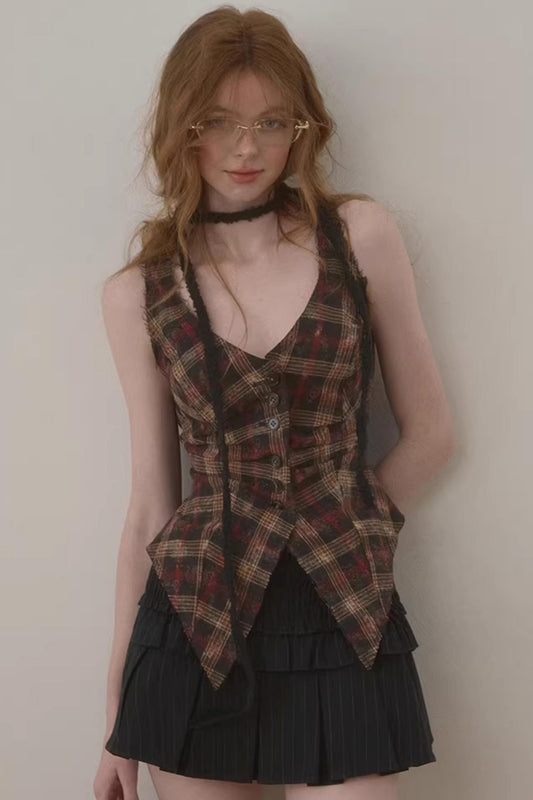 Frayed Edge Plaid Vest
