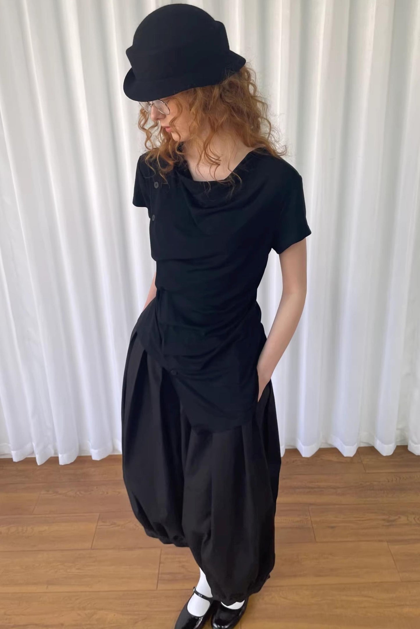 Pleated Irregular Neckline Top