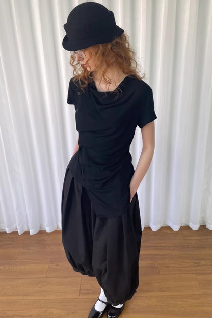Pleated Irregular Neckline Top